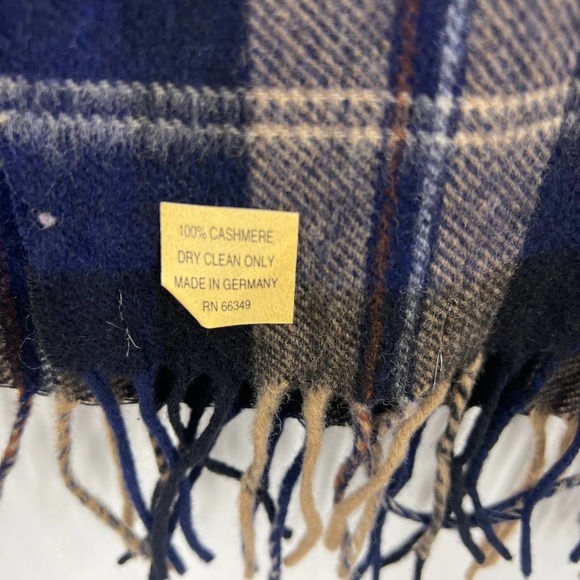 Vintage Warm Winter Scarf 100% Cashmere Plaid Blue Tan Fringe Unisex One Size - Picture 3 of 5